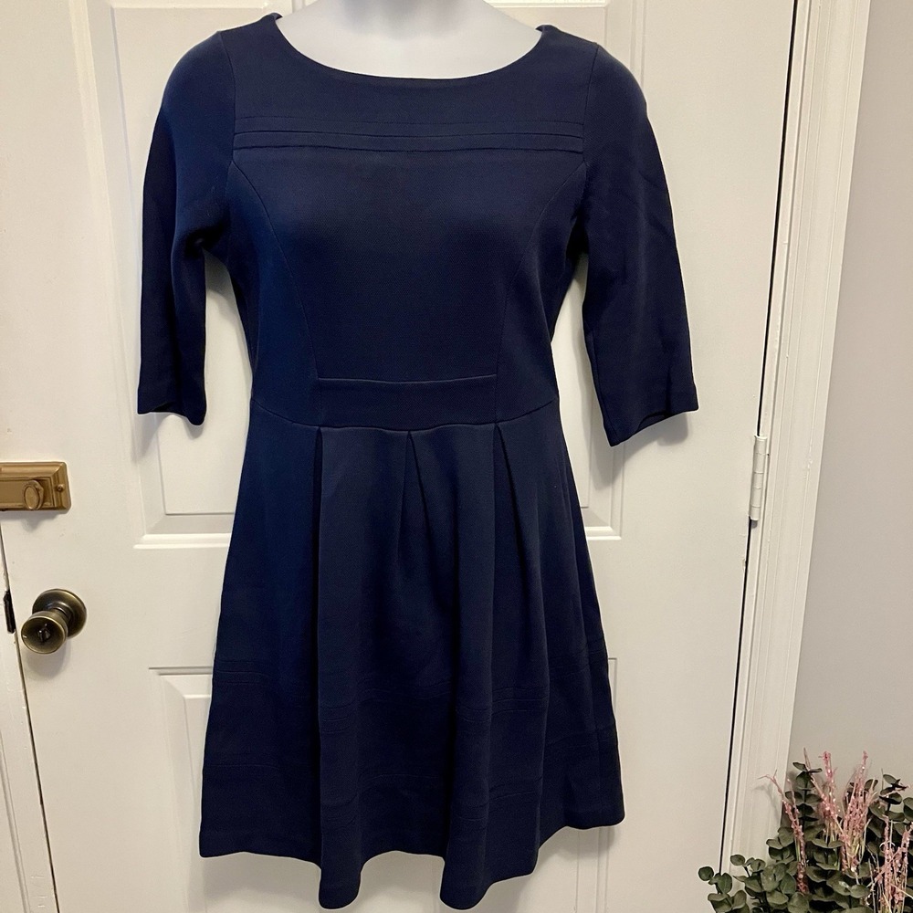 Boden Women's Size 10 Navy Blue Jersey Pique Knit 3/4 Sleeve Fit & Flare Dress